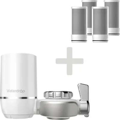 A water filter faucet attachment and replacement filters are shown on a white background.
