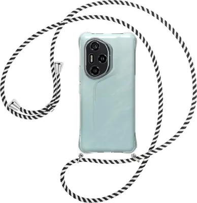 Produktbild von Handykette Backcover-Schutzhülle mit Band (Metall silberfarben) für Honor 300 Pro 5G - schwarz/weiß gestreift