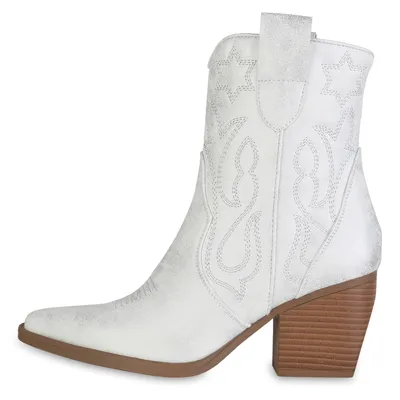 Produktbild von VAN HILL Damen Stiefeletten Cowboy Boots Trichterabsatz Stickereien Schuhe 837779, Farbe: Silber Weiß, Größe: 38