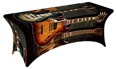 Produktbild von Stretch-Elasthan-Tischdecke mit Gitarrendesign für rechteckige Tische, dekorativ für Innen- und Außenbereich, waschbar, geeignet für Veranstaltungen, Hochzeiten und Partys