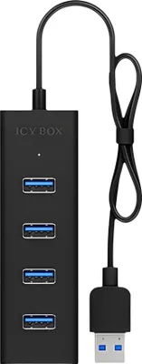 Produktbild von ICY BOX IB-HUB1409-U3, Type-A zu USB 3.2 Gen 1 to 4-Port Type-A Hub, Aluminium, black, USB 3.2 Gen 1 (3.1 Gen 1) Type-A, USB 3.2 Gen 1 (3.1 Gen 1) Type-A, 5000 Mbit/s, Schwarz, Aluminium, 0,4 m