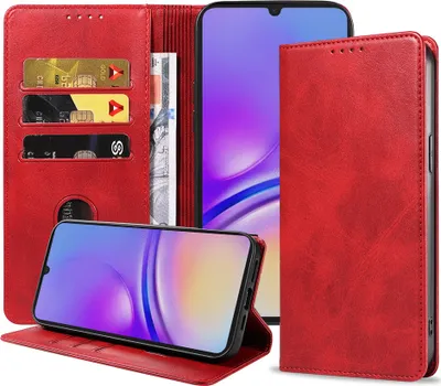 Produktbild von Smartphonica Handytasche passend für Samsung Galaxy A05 Kunstleder mit Magnetverschluss und Kartenhalter Buchhülle mit Klappe - Rot