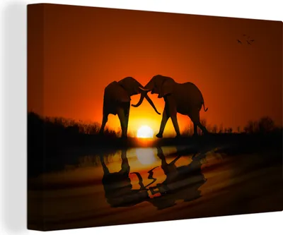 Produktbild von OneMillionCanvasses® - Leinwandbilder - 140x90 cm, Elefantenpaar bei Sonnenuntergang, Wandbilder Kunstdruck Wanddekoration - Foto auf Leinwand - Gemälde auf Holzrahmen