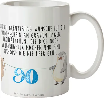 Produktbild von Mr. & Mrs. Panda Teetasse 90. Geburtstag Maus Pinguin - Weiß - Geschenk, Torte, Kuchen, Herzlichen Glückwunsch, schöne tasse, Keramiktasse, Keramikbecher, Happy Birthday