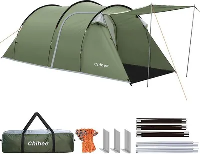 Imagen del producto de Campaña. Tienda de campaña tipo túnel para 4 personas, tienda familiar con 2 puertas. Tienda resistente a la intemperie, apta para todas las estaciones, con porche cubierto. Incluye toldo, bolsa de transporte para viajes, actividades al aire libre y senderismo