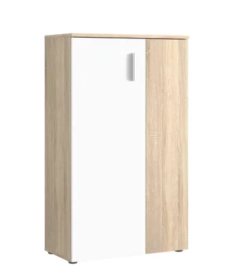 A single, modern cabinet with a white door and a wood-effect side panel, set against a white background.
