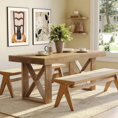 Image de Table de salle à manger, style rustique, 160 cm, rectangulaire, couleur marron, pour 4 à 6 personnes, en MDF