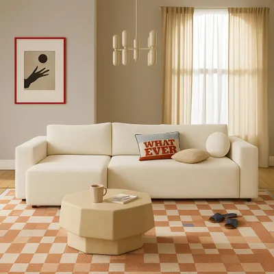 Produktbild von Sofello Ecksofa Pearl aus Bouclé vereint Elegantes Design mit Funktionalität. Schlaffunktion und geräumigem Bettkasten,GRATIS Kugelkisse, Liegefläche:191–200