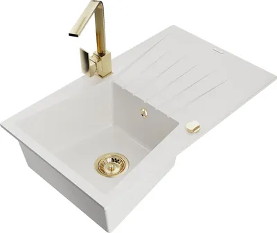 Produktbild von Mexen Cesar 1 Becken-Granitspüle mit Abtropffläche und Mischbatterie Rita, Weiß - 6514-20-670300-50