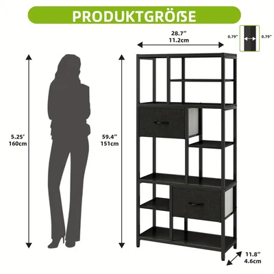 Produktbild von 7-stöckiges Bücherregal - Bücherregal mit Schubladen - Schmaler Bücherkorpus - Aufbewahrungsschrank - Regalkorpus mit Fächern - Industrielles Design