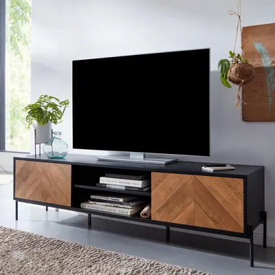 Produktbild von FineBuy Lowboard Holz Schwarz / Eiche-Nachbildung 163x45x40 cm TV-Kommode mit zwei Türen TV-Schrank Hoch Fernsehtisch Fernsehschrank Modern Fernsehkommode