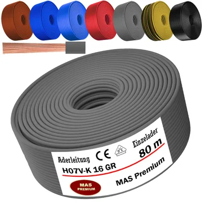 Image de Câble d'alimentation de 80 mètres, type H07 V-K, couleur grise, 1 x 16 mm², monoconducteur, flexible