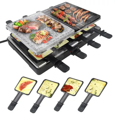 Produktbild von JNGLGO 1400W Raclette Grill für 8 Personen Elektrogrill mit Granitplatte & Grillplatte Antihaftbeschichtung Elektrisch Grillpfanne Set Tischgrill für Weihnachten Party Camping