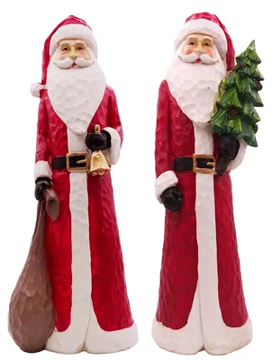 Produktbild von Logbuch-Verlag Weihnachtsmann Figur 30 cm im 2er Set – Weihnachtsdeko zum Hinstellen, Geschnitzte Holzoptik aus Kunststein, Nikolaus mit Geschenkesack & Baum