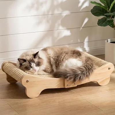 Produktbild von PolkaHome® Sisal Kratzbrett für Katzen – gebogenes Liegebrett mit Holzrahmen, 60 x 37,5 x 14 cm