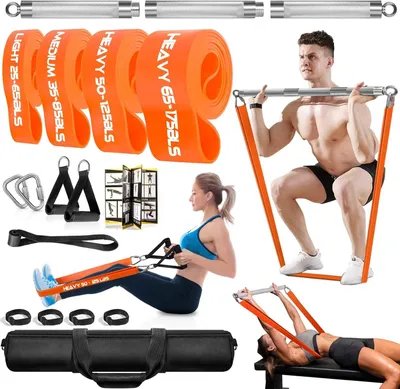 Image de Kit de fitness - Bandes de résistance - Barre d'exercice - Ensemble d'entraînement de force - Kit Pilates - Barre réglable de 68 à 98 cm