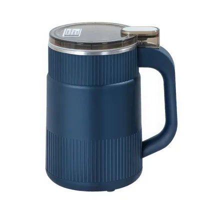 A blue electric grinder with a transparent lid and a handle, shown against a white background.