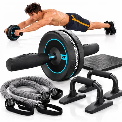 Produktbild von TREX SPORT Bauchroller Set 4in1 TX-010WSB | AB Roller Bauchtrainer für Zuhause, Liegestützgriffe Push-Up Griffe, Expander 7–10 kg, mit Kniematte, blau