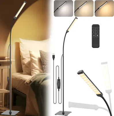 Immagine prodotto di Lampada da terra a LED con ricarica USB, lampada da terra con collo d'oca orientabile a 360°, 3 temperature di colore e 5 livelli di regolazione dell'intensità luminosa, altezza regolabile fino a 140 cm con telecomando, funzione memoria, timer, colore nero