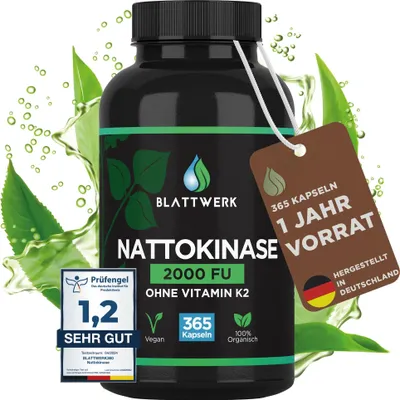 A bottle of Nattokinase supplement is shown with surrounding green leaves and water splashes, suggesting a natural product. A tag indicates a year's supply.