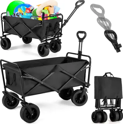 Collage of images showing a black folding wagon in different states and perspectives.
