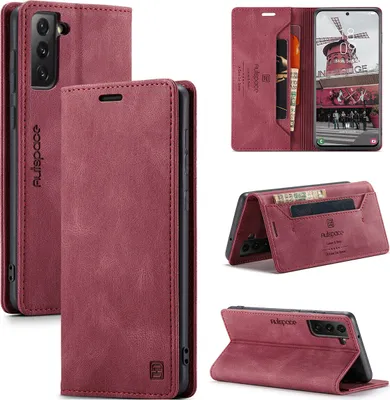 Produktbild von Samsung Galaxy S21 FE 5G Brieftasche Hülle, Retro Kunstledertasche Stand Schutzhülle für Samsung Galaxy S21 FE 5G Rot