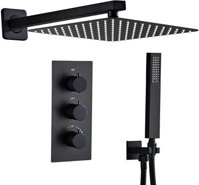 Produktbild von Ibenzoa® Einbau-Duschset Unterputz – matt schwarz, Edelstahl mit Messing-Thermostat, 25×25 cm Regendusche & Handbrause für s Duscherlebnis