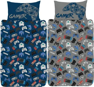 Two bedding sets with a gamer theme, one blue and one gray, are displayed side-by-side.