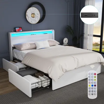 Produktbild von OYAJIA 140 cm x 200 cm Polsterbett LED-Beleuchtung Doppelbett mit Ladefunktion (USB&Typ-c),und 4 Schubladen,Jugendbett Bettgestll