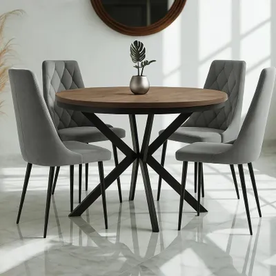 Image de Table ronde à rallonges pour salle à manger ENDIK avec piétement à anneaux et pieds en métal, diamètre : 100 / 200 cm, couleur : chêne lefkas / noir