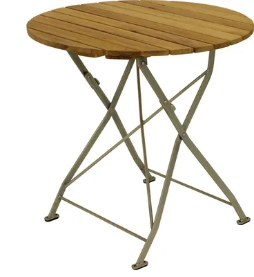 A round wooden table with a metal folding base, shown against a white background.