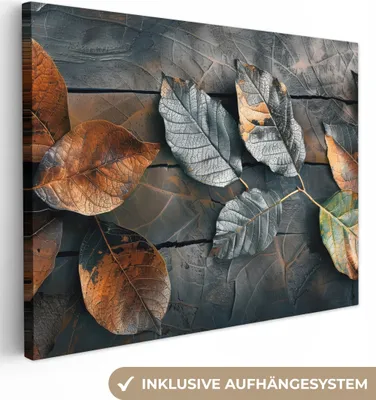 Produktbild von MuchoWow® - Leinwandbilder - Blätter - Herbst - Grau - Natur, Wandbild, Wanddeko Bilder Wohnzimmer, 40x30 cm