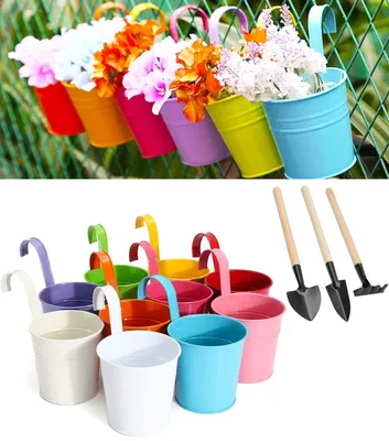 Produktbild von 10 x Blumentöpfe zum Hängend mit 3 x Gartenschaufel, Hänge Garten Töpfe für Balkon, Zaun, Garten, Wand, Robuster Hängetöpfemit Abnehmbarem Haken