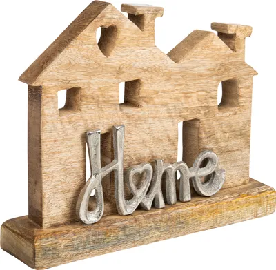 Produktbild von XL Dekoelement in „Hausform“ mit silberner Schrift „Home“ | 25 x 20 x 5,5cm | aus Holz und Aluminium