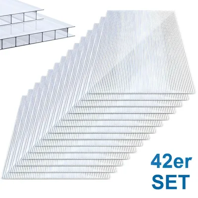 Obrázek produktu pro Peviasot 42x Polykarbonátové dutinkové desky, 4 mm, průhledné, s dutinkovými žebry, odolné vůči UV záření, vhodné pro skleníky a přístřešky