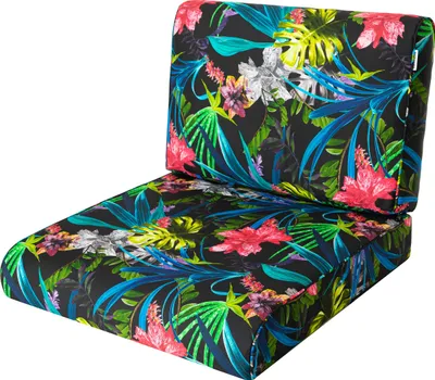 A two-piece cushion set with a tropical floral pattern on a black background.