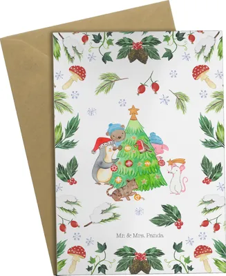 Produktbild von Mr. & Mrs. Panda Klappkarte Weihnachtsbaum schmücken - Weiß - Geschenk, Weihnachten, einladungskarten, glückwunschkarten, Glückwunschkarte, weihnachtskarten, babykarte