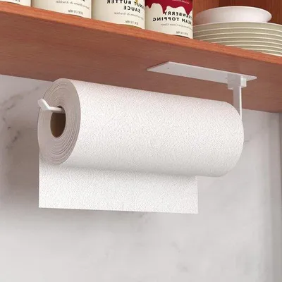 Obrázok produktu pre Biely držiak na kuchynské rolky bez vŕtania - samolepiaci držiak na kuchynské rolky - praktický držiak na rolky pod skrinky - skladovanie a organizácia - držiak na kuchynské rolky na zavesenie na stenu