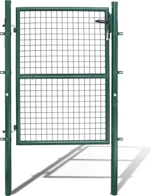 A green metal garden gate with a wire mesh infill, shown standing upright against a white background.