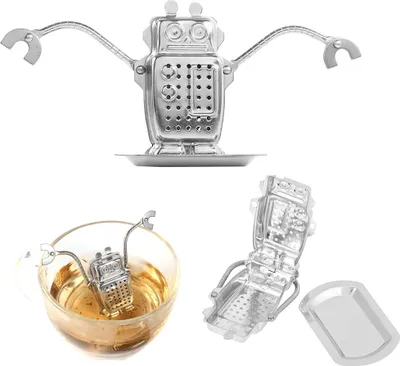 Obrázok produktu pre 6,5 cm x 3 cm x 2 cm - nerezový čajový nálevník - čajový filter na sypané lístky - difuzér v dizajne robota na bylinkový a korenený čaj