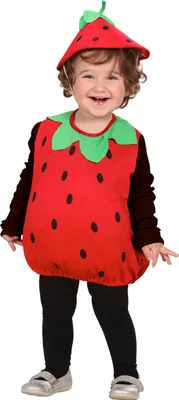 A young child wearing a strawberry costume.