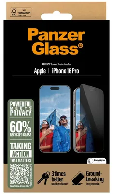 Produktbild von PanzerGlass ® 2-Way Privacy Displayschutz iPhone 16 Pro | Ultra-Wide Fit m. EasyAligner, Apple, Apple - iPhone 16 Pro, Trockene Anwendung, Kratzresistent, Schockresistent, Transparent, 1 Stück(e)