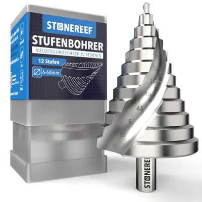 Produktbild von Stufenbohrer 6–60 mm aus HSS 4241 – Spiralnut mit 12 mm Schaft – Kegelbohrer Schälbohrer für Metall Kunststoff Holz – extra großer Lochbohrer