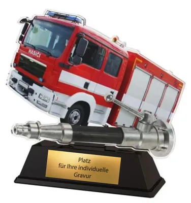 Produktbild von Feuerwehr Pokal 9 cm - Acryl Trophäe mit Feuerwehrauto & Gravurschild