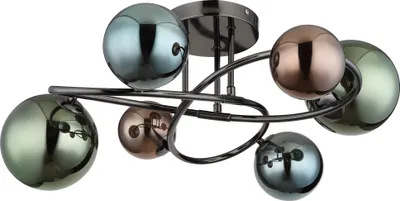Produktbild von Globo Lighting Deckenleuchte Metall grau matt, Glaskugeln, Glasfarben: bronze, grün, petrol, ø: 650mm, H: 250mm, Glas-DM: 2x15 cm, 2x 12cm, 2x 10cm, inkl. 6x G9 LED 3.5W 230V, 350lm Source, 290lm Output, 3000K