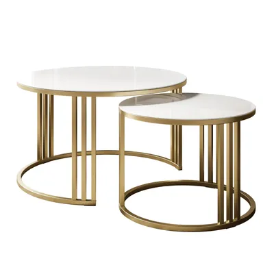 Produktbild von Runder Couchtisch 2in1 LORI GLASS gebürstetes Gold, weißes Glas