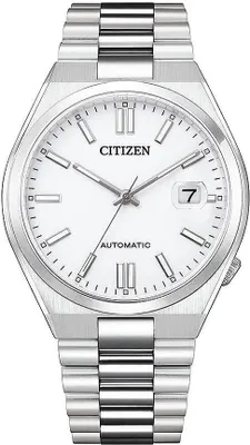 A close-up studio shot of a silver Citizen automatic watch with a white dial.