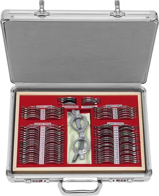 Obrázek produktu pro Sada optometrických zkušebních čoček – sada zkušebních čoček – 104 dílů – kov/sklo – pro přesné testy zraku a refrakci – Vermeil