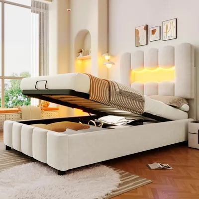 Image de MODFU Lit Coffre 90x200 cm - Lit Simple avec Coffre Hydraulique, Tête de Lit Réglable et Éclairage LED - Velours - Sans Matelas - Beige