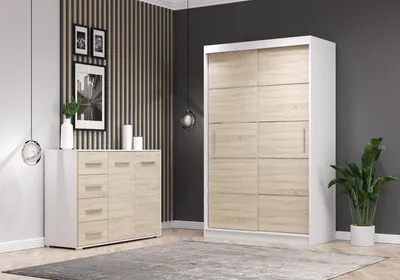 Produktbild von 2er-Set Schwebetürenschrank Schrank Kleiderschrank Weiß/Sonoma 120cm Neomi 06 mit Kommode 135cm FRIDA 01